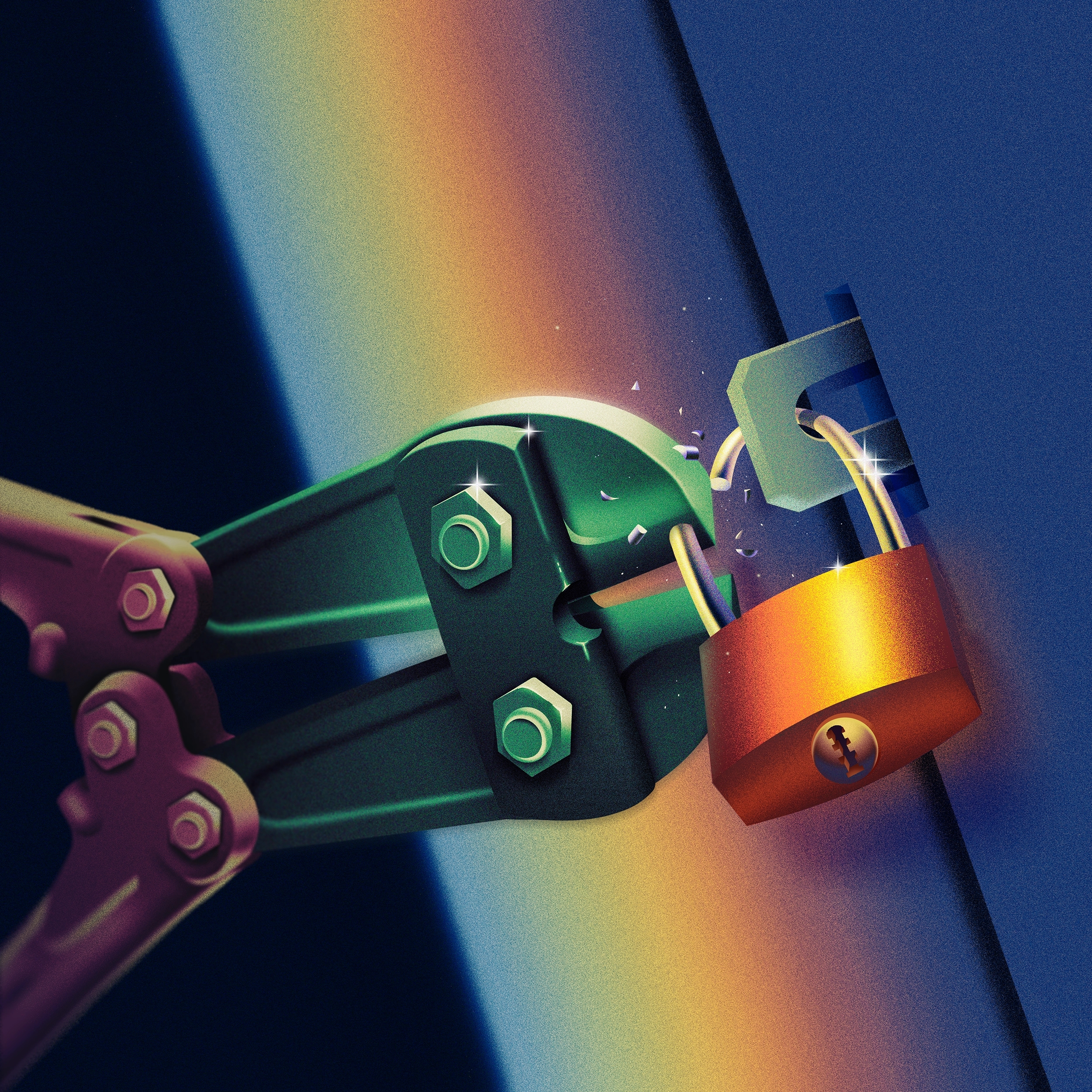 Illustration of a pair of bolt cutters smashing a lock in a grainy polychromatic style